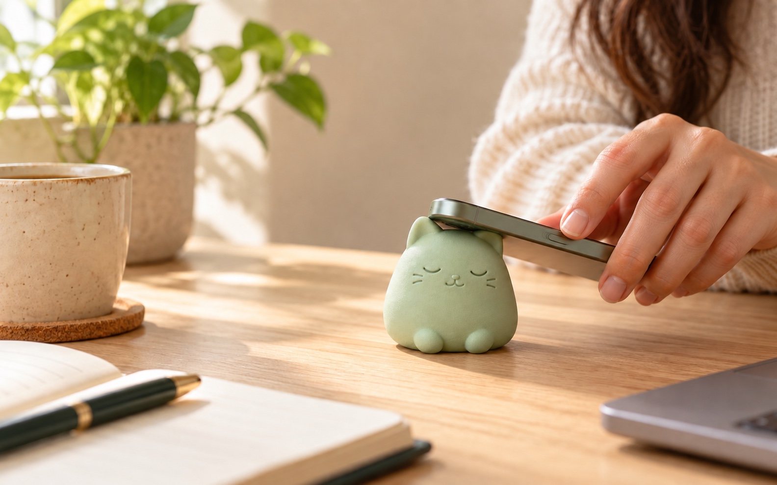 Bir el, telefonu masadaki Gardi Kedi figürüne dokunduruyor